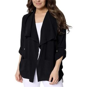 NEW Susan Graver Crinkled Woven Drape Front Cardigan Black Open Front Size S
